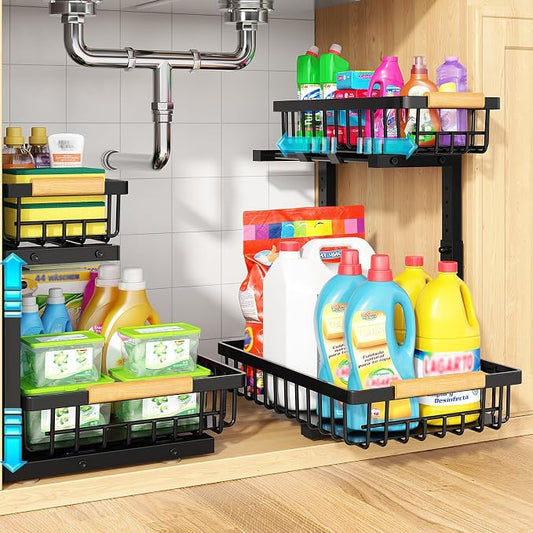 Under Sink Organizer 2 Pack, Adjustable Height 2-Tier Pull Out Cabinet Organizers, Heavy Duty Metal Slide Out Drawers, Under the Sink Organization and Storage Shelf for Kitchen Bathroom Pantry, Black by Unknown