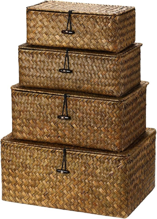 Woanger Set of 4 Wicker Storage Baskets Organizer，Handwoven Storage Bins with Lid for Organizing, Home Utility Box for Home Office Supplies Multipurpose Container(Retro Color) by Woanger