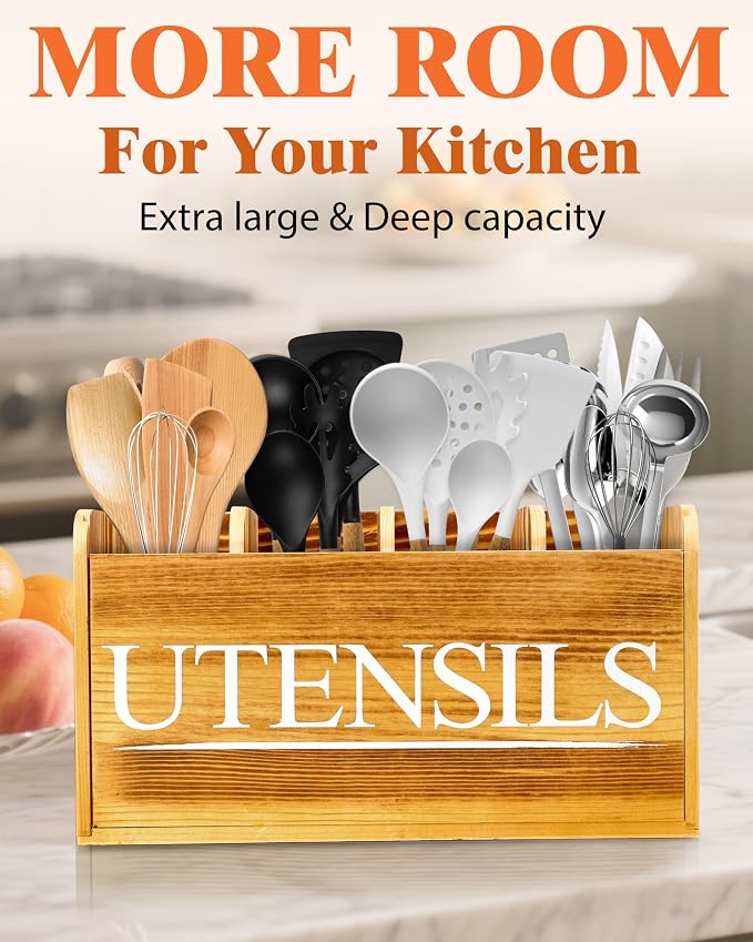Kitchen Utensil Holder for Kitchen Counter Large Wooden Organizer for Cooking Utensils Utensil Holder Counter Farmhouse Décor (Farmhouse Wooden) - Image 2
