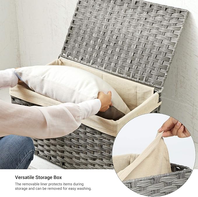 SONGMICS Storage Basket with Lid, Woven Blanket Storage Bin with Handles, Foldable, Removable Liner, Metal Frame, for Bedroom, Laundry Room, 17.2 Gallons (65 L), Gray URST56WG - Image 7