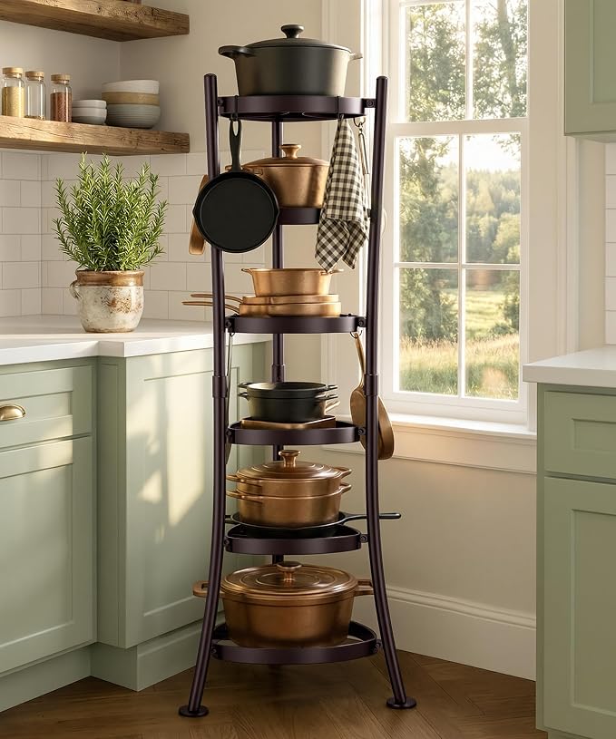 KES Oiled Bronze Freestanding Pot Rack, 6-Tier Cookware Stand, 6 Hooks | 264 Lbs Capacity, Cast Iron Pots and Pans Storage Tower for Kitchen, Stable Base, Anti-tip Strap & Floor Protectors by KES