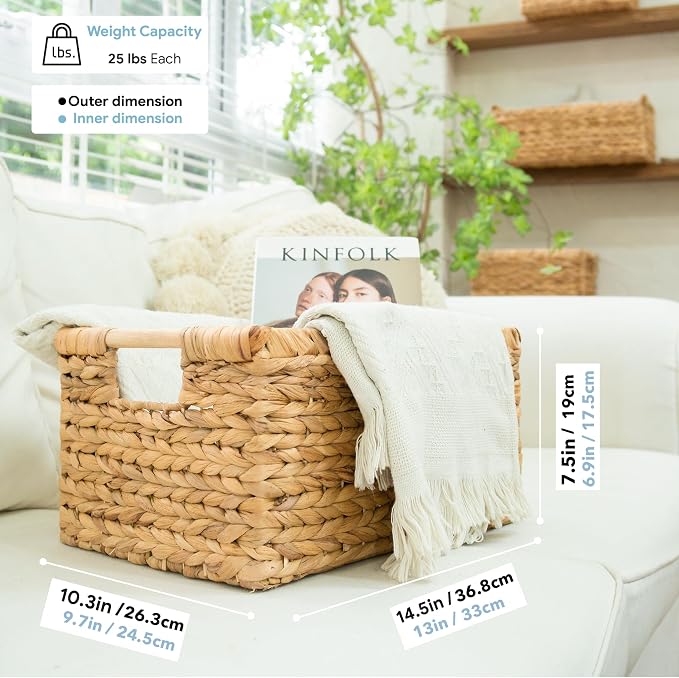 VATIMA Large Rectangular Wicker Basket with Wooden Handles for Shelves and Storage - Natural Water Hyacinth Basket for Organizing, 14.5 x 10.3 x 7.5 inches - Image 4