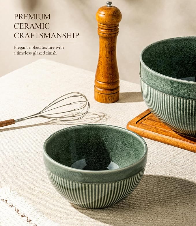 GBhome Ceramic Mixing Bowls Set of 3, Stoneware Nesting Serving Bowls, | 45/90/150 oz For Prep, Baking, Serving, Gift, Microwave and Dishwasher Safe, Ribbed Dishware Collection,Dark Green - Image 5