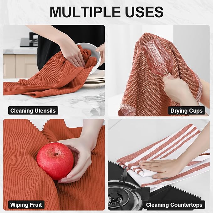 Homaxy Cotton 380 GSM Premium Kitchen Towels, 18"x 28", 3 Pack, Rust | Soft and Absorbent Terry Dish Towels, Multipurpose Tea Towel Set with Hanging Loop, 3 Styles Kitchen Hand Towels - Image 4
