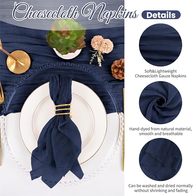 100 Pack Navy Blue Napkins 20x20Inch Cheesecloth Napkins | Blue Elegant Cloth Napkins for Table, Washable Rustic Boho Gauze Napkins, for Wedding Party Bridal Baby Shower Dinner Decor - Image 3