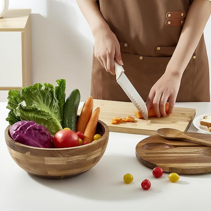 JOYMAY Salad Bowls Wood Salad Bowl Set with Lid Acacia Wood Serving Bowl for Fruits or Salads 10.5" Large Serving Bowl with Serving Utensils, 4 Piece Wooden Mixing Bowl Set for Kitchen, Picnic - Image 3