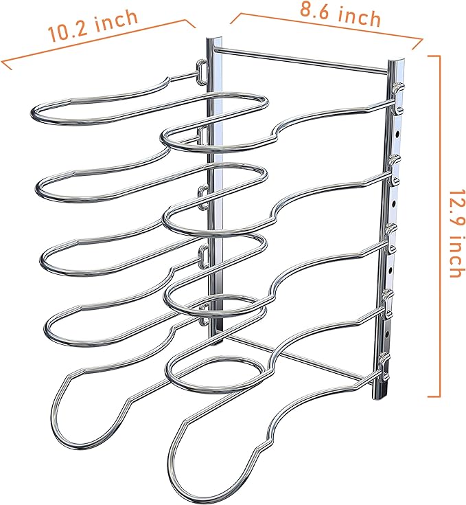 Heavy Duty Pan Rack, Pot Lid Rack, Kitchen Cabinet Pantry Cookware Organizer Rack Holder with 5 Adjustable Dividers, Chrome - Image 2