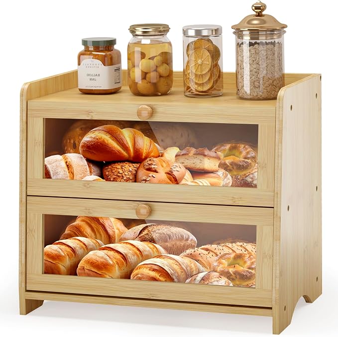 Double Layer Bread Box Container for Kitchen Countertop Homemade Bread | Large Breadbox Storage Wooden Farmhouse Bread Holder (Bamboo, Medim-15.7" L x 9.5" W x 13" H) by JANSNIMEN
