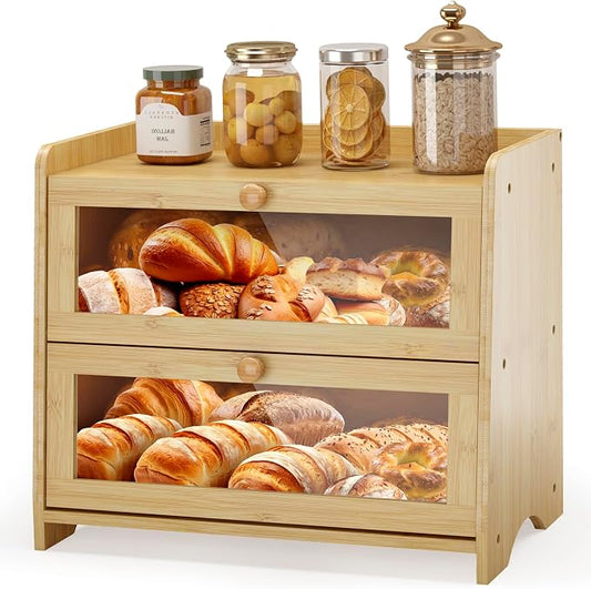 Double Layer Bread Box Container for Kitchen Countertop Homemade Bread | Large Breadbox Storage Wooden Farmhouse Bread Holder (Bamboo, Medim-15.7" L x 9.5" W x 13" H) by JANSNIMEN