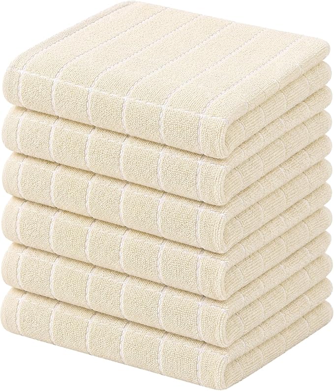 Kitinjoy 100% Cotton Terry Kitchen Towels, 13”x 28”, 6-Pack, Beige | Checkered Designed, Ultra Soft Absorbent Quick Drying Dish Towels by Kitinjoy