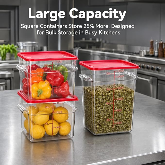 4 Pack Food Storage Containers with Red Lids, 18.0 Qt - Square, Clear, Polycarbonate, for Restaurant Commercial Kitchen and Home party - Image 4