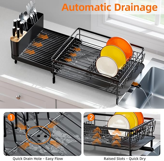 Urackify Extendable Dish Drying Rack, 18.5"-26.7" L x 12.7" W, Black | Multifunctional large dish rack with cup holder and built-in cutlery holder for versatile drying needs - Image 4