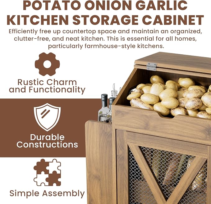AwayHome Potato Storage Bin, Large Wood Bread Box with Lid, Movable Potato and Onion Storage Bin with Side Spice Rack, Decorative Fruit and Vegetable Organizer Cabinet for Kitchen - Image 8