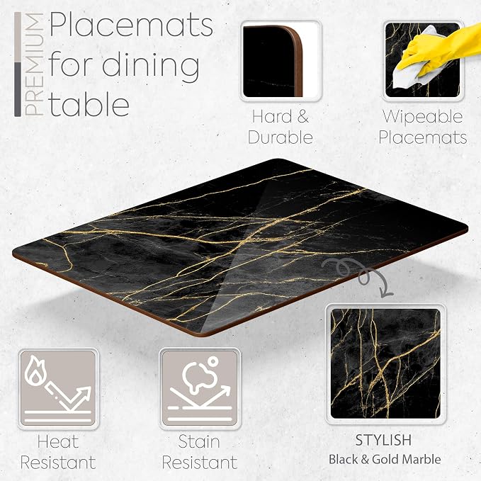 Set of 4 Heat Resistant Cork Placemats for Dining Table with Free Set of 4 Matching Drink Coasters Marble Design 16 x 12 Inches Cork Backed Hard Placemats (Black & Gold) - Image 2