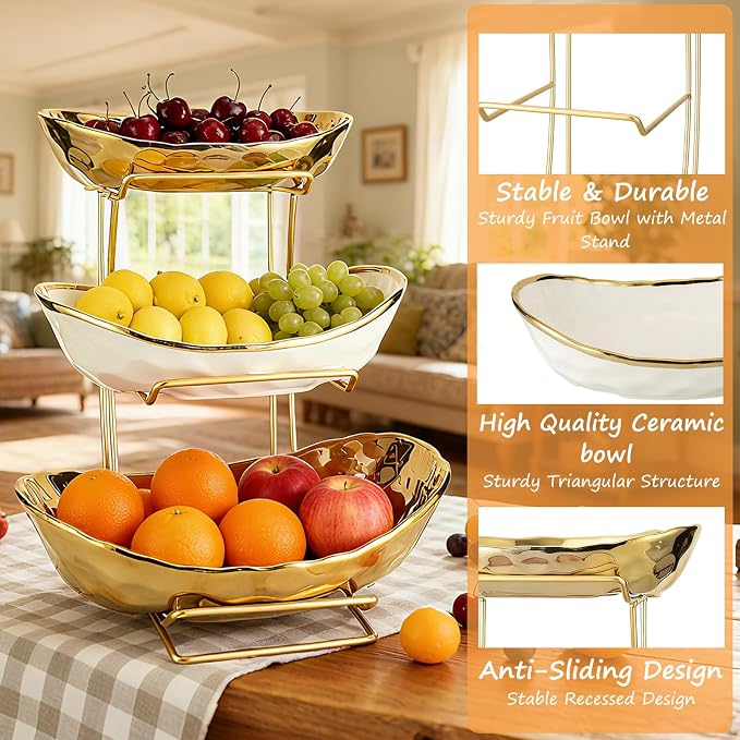 3 Tier Ceramic Fruit Bowl for Kitchen Counter with Metal Rack, Fruit Basket with Stand, Porcelain Bowls for Vegetable Bread Candy Snack Nuts Dessert Cake Tray (Gold 3 Layer) - Image 5