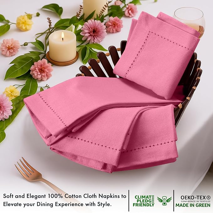Ruvanti Cloth Napkins Set of 12, 100% Cotton High GSM 18x18 Inches, Hem Stitched Corners, Soft, Washable, Highly Durable & Absorbent, Perfect for Parties, Christmas, Thanksgiving Dinners – Pink - Image 4
