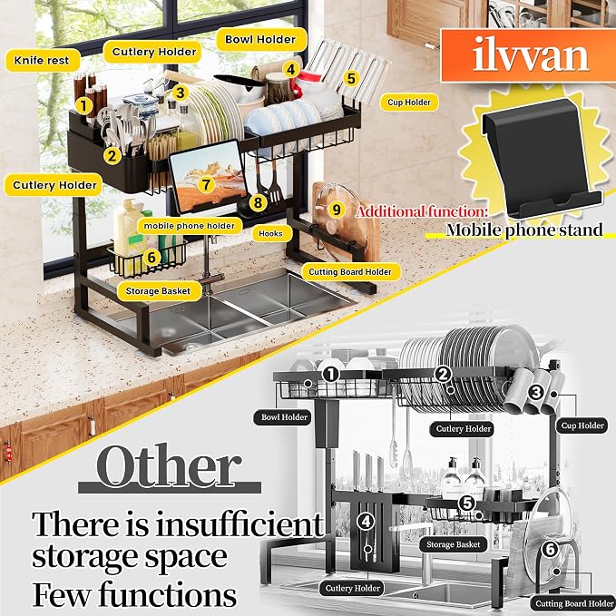 ilvvan Over Sink Dish Drying Rack (Expandable Height/Length) Snap-On Design Large Dish Drainer Storage Counter Organizer 24" - 35.5"(L) x 12"(W) x 19" - 22"(H) - Image 5