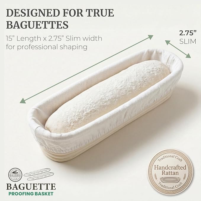 15 Inch Baguette Proofing Basket Set of 2 for Sourdough & French Bread | Handwoven rattan banneton with removable cotton liners; shapes & rises dough before baking; recipe eBook included - Image 2