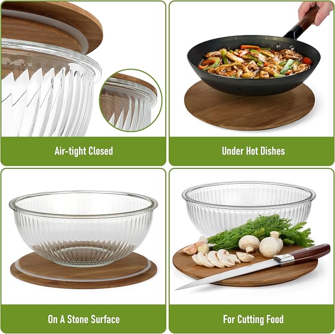 Set of 3 Stackable Space-Saving Nesting Glass Salad Bowls with Acacia Lids for Foodprep, Storage, Baking, Mixing & Cooking - Microwave Safe Durable Inert Borosilicate Glass - Image 4