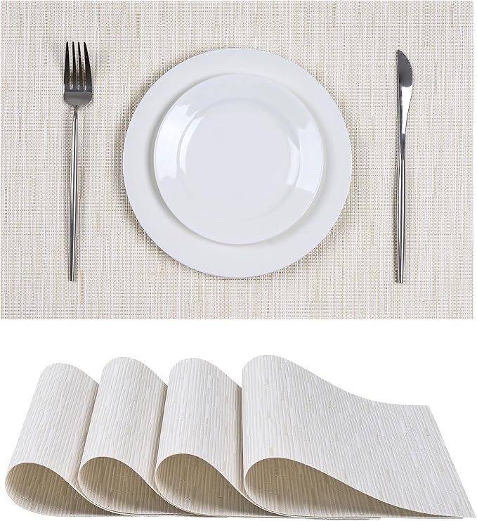 Leetaltree Pale Beige Placemats Set of 4 - Heat Resistant Non-Slip Place mats for Dining Table, Washable Durable PVC Vinyl Woven Table Mats（Pale Beige, 4） by Leetaltree-ArtatEveryTable