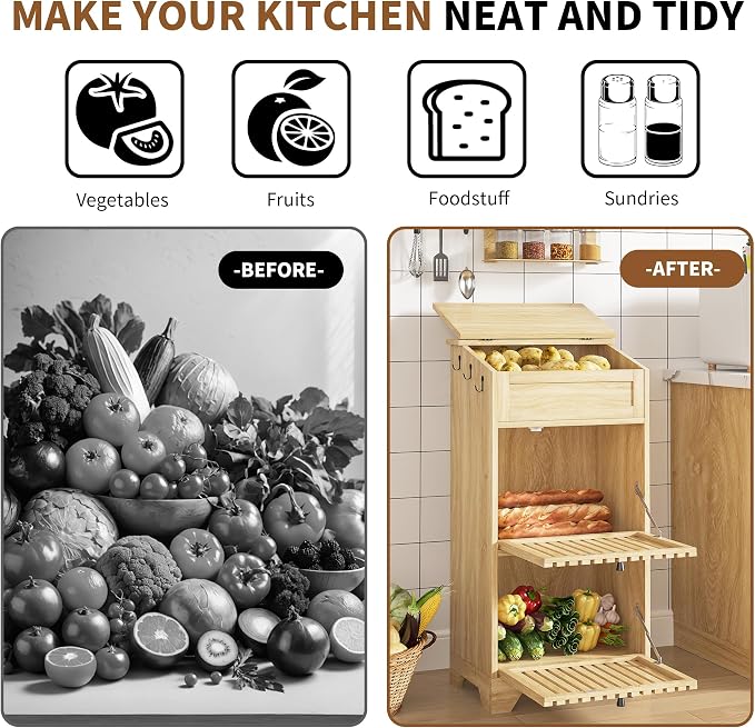 Potato Storage Bins, Fruit and Vegetable Storage, Kitchen Pantry Cabinet | Potato and Onion Storage Bins, Mid Century Modern, Wooden, for Homemade Bread, Snack, Magnetic Flip top, 3 Tier, Natural - Image 4