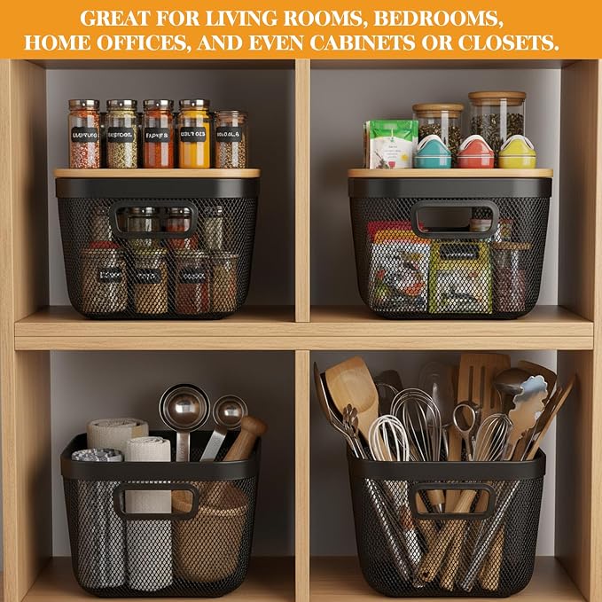 4 Pack Stackable Wire Baskets for Pantry Organizers Kitchen Storage Metal Baskets with Bamboo Lids 10"x10"x7" Vegetable Fruit Basket Produce Potato Onion Storage Bin for Kitchen Countertop - Image 5