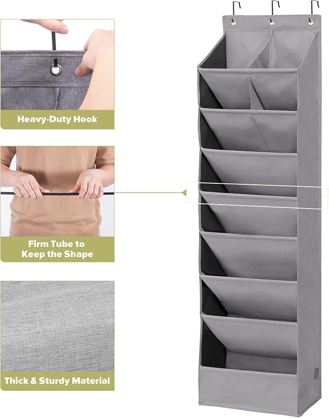 Over Door Organizer with 10 Extra Large Pockets, 23 Pairs Shoes Large Capacity Hanging Storage Organizer for Shoes, Diapers, Dark Grey, 8 Layers, 2-Pack - Image 3