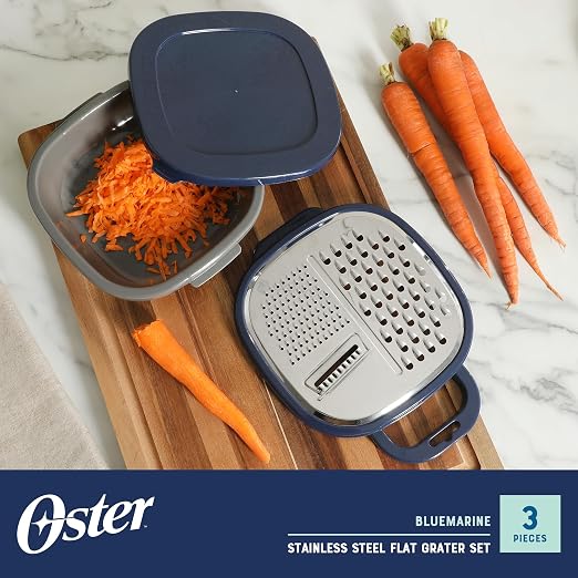 Oster Bluemarine Flat Grater Set – Stainless Steel Food Grater with Storage Container and Lid, Compact Kitchen Tool for Cheese, Veggies, Carrots - Image 2