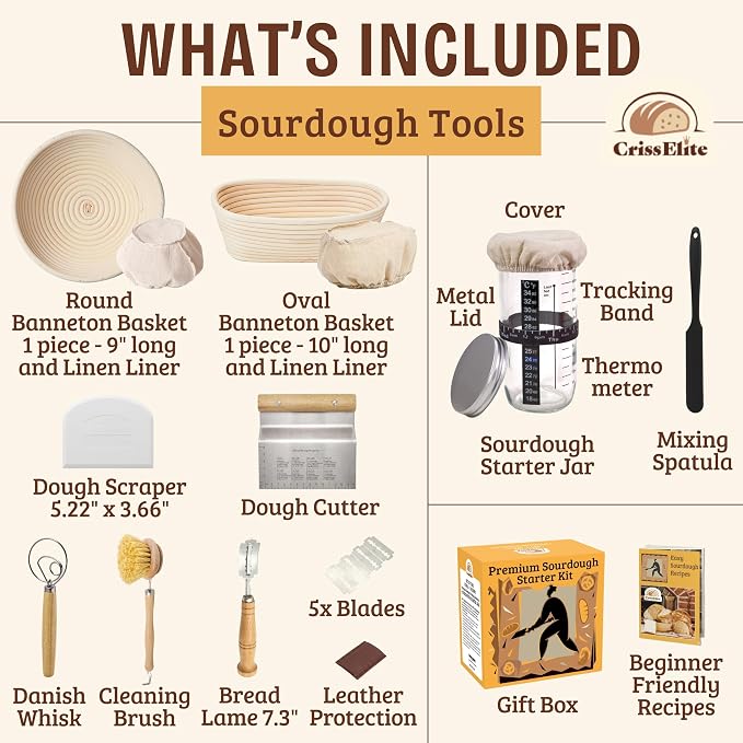 Sourdough Starter Kit – Complete Sourdough Bread Baking Supplies with 24oz Glass Sourdough Starter Jar, 9” Round & 10” Oval Banneton Proofing Basket Set, Sourdough Tools – Artisan Gift for Bakers - Image 2