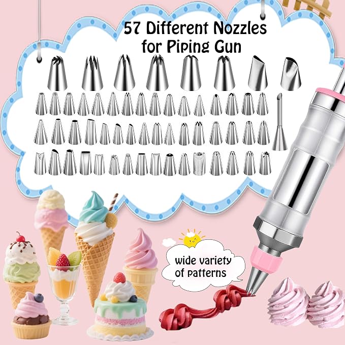Gawren-H&E 208 PCS Cake Decorating Kit,Baking supplies-Frosting Piping Kit | Cake Decorating Supplies with Icing Dispenser Gun,Piping Bags and Tips Set,Chocolate moulds,Spatulas and more(Light Pink) - Image 9
