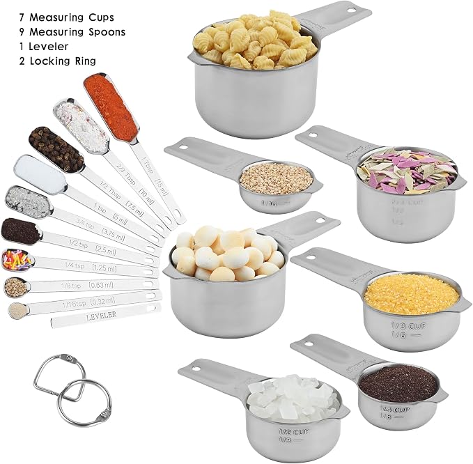 Stainless Steel Measuring Cups and Spoons Set, 18/8 (304) Measuring Cups Spoons, Heavy Duty 7 Measuring cups and 9 Measuring Spoons 1 Leveler for Baking and Kitchen - Image 5
