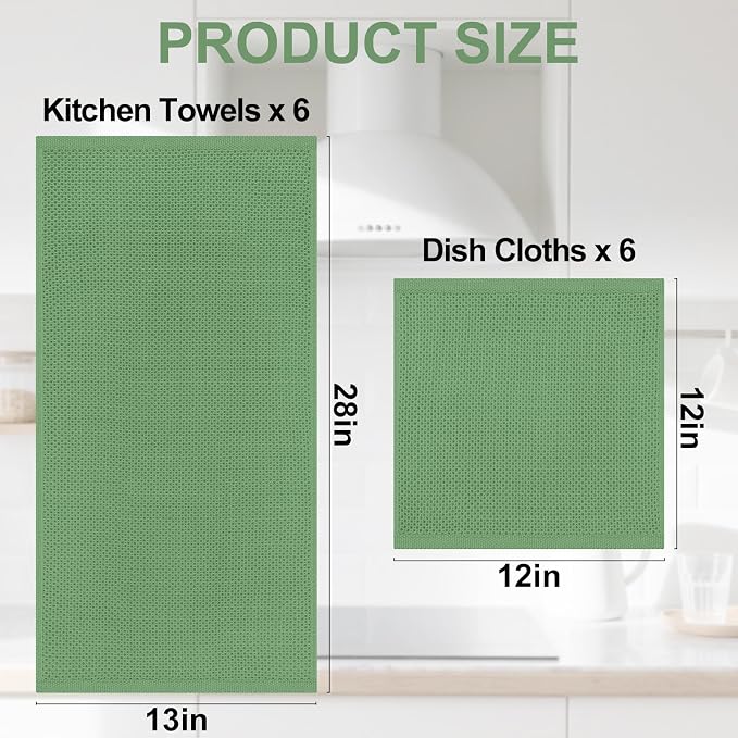 Homaxy 12 Pack 100% Cotton Kitchen Towels and Dishcloths Set, Grass Green | 12 x 12 Inches and 13 x 28 Inches Kitchen Towels Set, Ultra Soft Absorbent Dish Cloths for Washing Dishes - Image 4