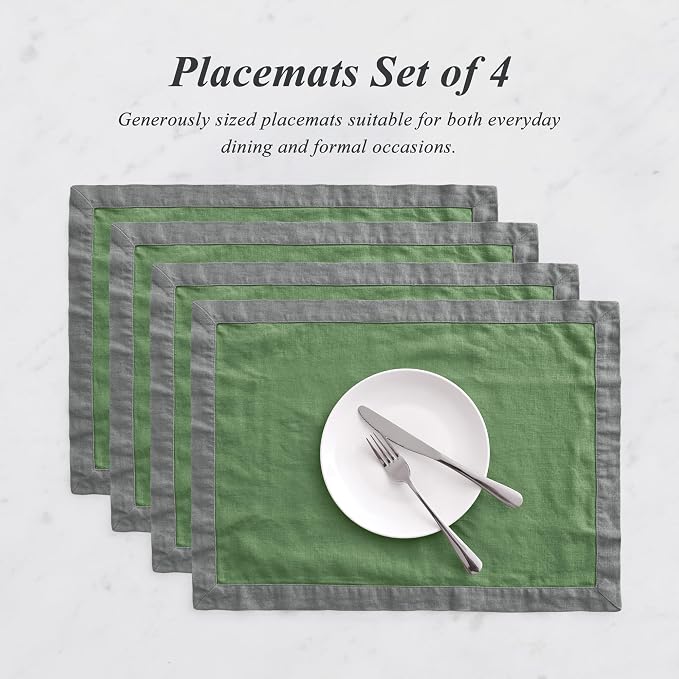 Linen World 100% French Linen Placemats Set of 4,21 x 15 Inch Double Layer Table Mats,Washable Heavyweight Placemats for Holiday Dining Kitchen Decor,Grass Green with Slate Gray Contrast Border - Image 6