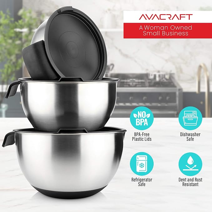 AVACRAFT 18/10 Stainless Steel Mixing Bowl Set with Lids, Black | Non-Slip Silicone Base, Ergonomic Handles, Pour Spouts, Interior Measurement Marks, Nesting Design, Dishwasher Safe - Image 6