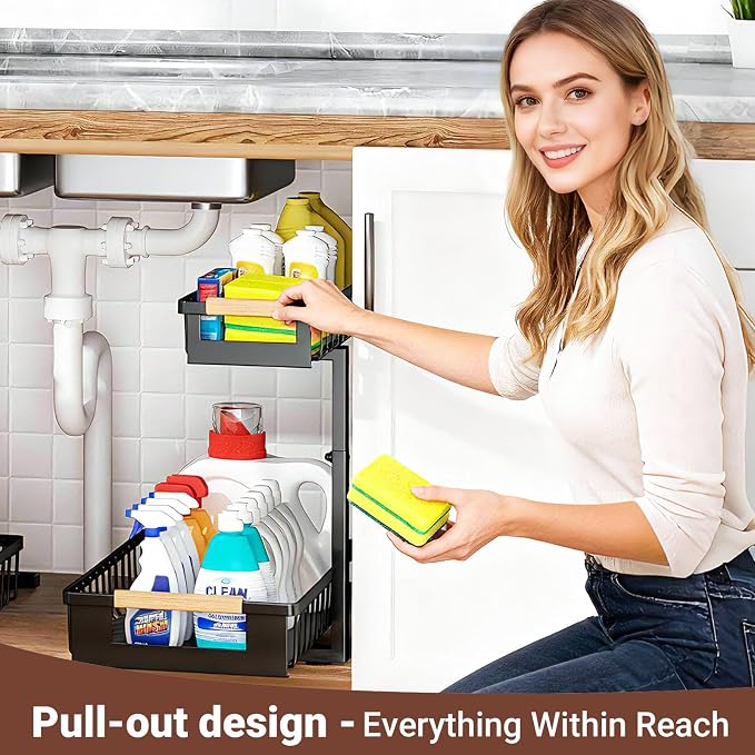 4 Pack L-Shape Under Sink Organizer, 2 Tier Pull Out Cabinet Organizer with 5-Level Adjustable Height, Double Sliding Metal Storage Rack for Kitchen Bathroom Pantry, Black - Image 6