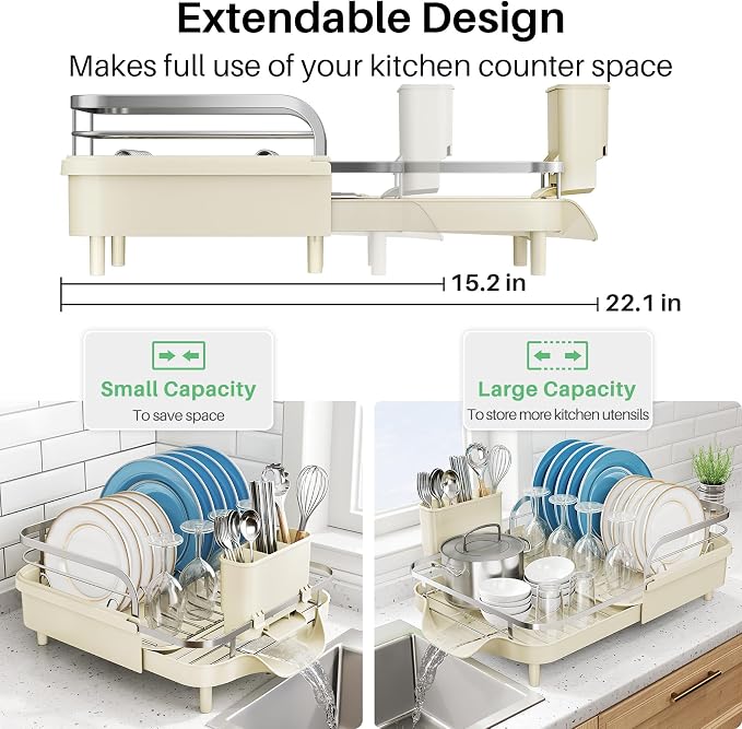 SNTD Expandable Dish Drying Rack for Kitchen Counter, 15.2-22.1 in, Beige | Rust-Resistant Stainless Steel, Protective Side Rails, Self-Draining Drainboard, Removable Utensil Holder - Image 3