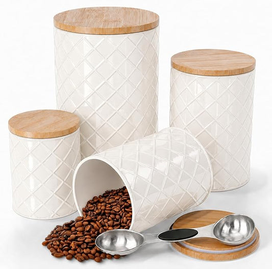 Pebble & Stem® Cream Metal Canister Set for the Kitchen Counter, Food Canister Set of 4, Airtight Lids, Sugar and Flour Containers for Countertops, Coffee and Tea Storage, Farmhouse Decor by Pebble+%26+Stem