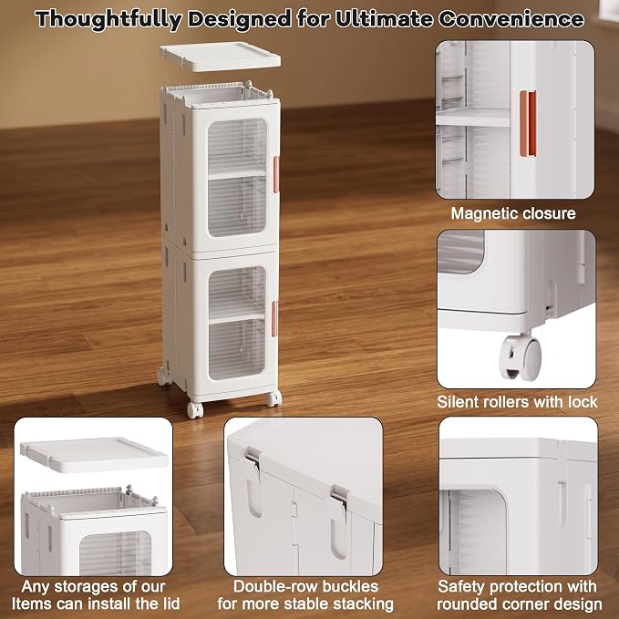 4-Tier Tall Narrow Plastic Storage Cabinet of 2, Foldable | Rolling Organizer with Lid,Doors,Stackable, Adjustable Shelves, Durable PP,Freestanding Bathroom Cabinet for Small Slim Space - Image 9