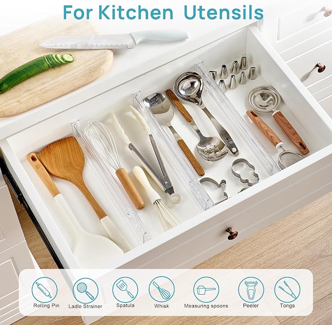 Vtopmart 8 Pack 2.36" Short Upgrade Drawer Dividers for Kitchen Drawer, 12.8"-22.3" Expandable Kitchen Drawer Organizer, Clear Plastic Organizer Separator for Flatware, Utensil, Cutlery, Underwear - Image 3