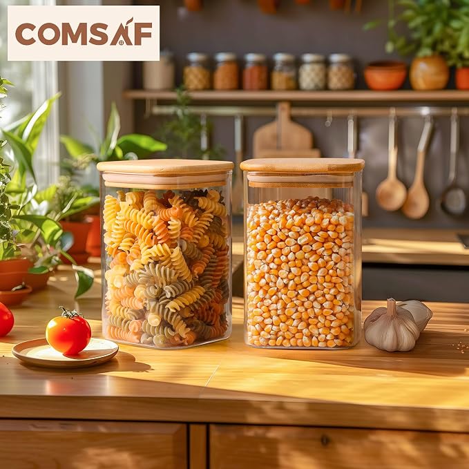 ComSaf Glass Storage Containers wtih Lids 1.2 Qt, Set of 6 Food Storage Jar | Glass Pantry Storage Containers, Square Kitchen Canisters, Pantry Organizers, Tea, Oat, Spice, Coffee, 37oz Jars, BPA Free - Image 9
