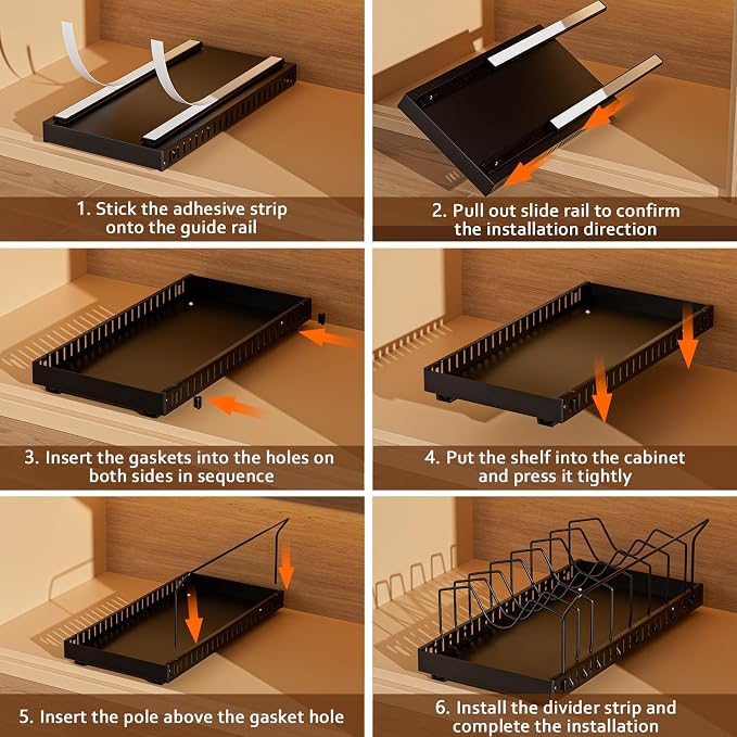 Black Pull Out Pot Lid Organizer, Cabinet Pan Rack, 8 Dividers | 2-pack black carbon steel rack, 16 adjustable dividers, quiet slide rails, adhesive or screw mount for lids, pans, bakeware - Image 3