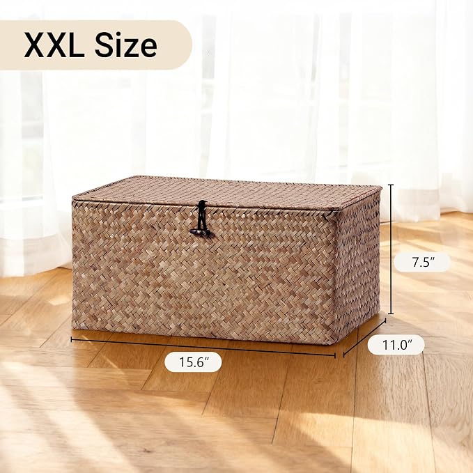 Nonam Seagrass Storage Large Basket with Lid,Wicker Basket Storage Bin with Lid for Shelves,Boho Decor,Handwoven Shelf Basket for Organizing-Storage Container Box for Home Organization-Coffee - Image 3