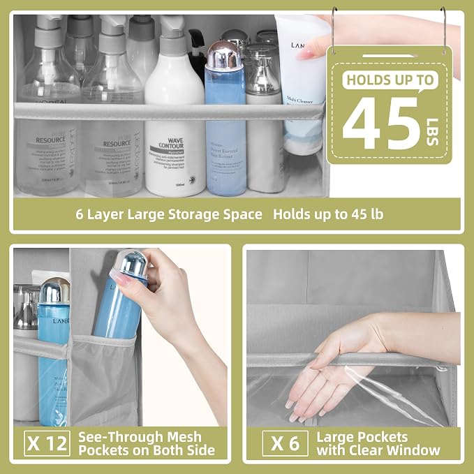 Over Door Organizer with 6 Extra Large Pockets 12 Side Pockets, Sturdy Closet Storage Rack, Hanging Storage Organizer with Clear Window for Shoes, Diaper, Bedroom, Bathroom, Grey, 6-Pack - Image 4