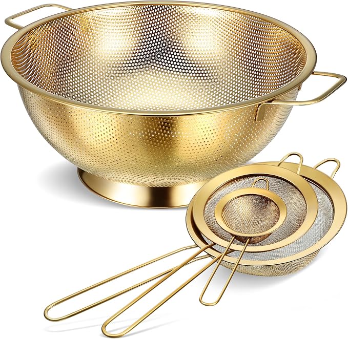 Norme 3 Quart Stainless Steel Gold Colander Gold Fine Mesh Strainer, Stainless Steel Pasta Rice Food Metal Strainer with Handles, Easy Clean and Dishwasher Safe by Norme