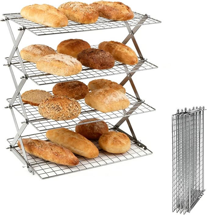 4 Tier Collapsible Cooling Rack Sourdough Cooling Rack 17"x10" | Cooling Racks for Cooking and Baking, Roasting, Grilling, Adjustable 6 Setting Design stackable, Oven & Dishwasher Safe by JINANJUNGU