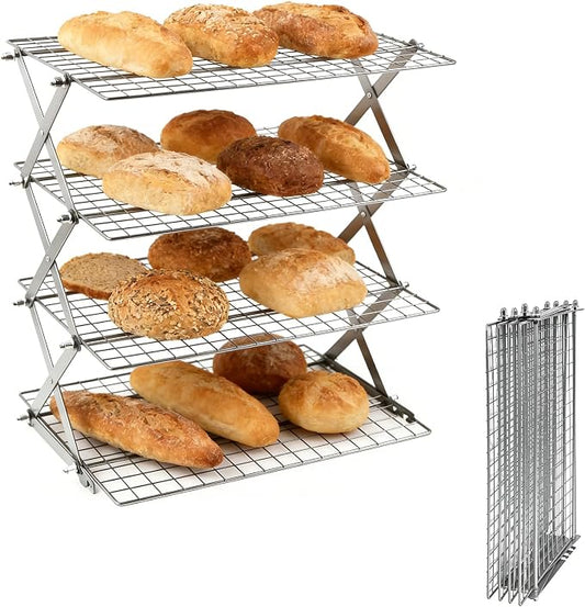 4 Tier Collapsible Cooling Rack Sourdough Cooling Rack 17"x10" | Cooling Racks for Cooking and Baking, Roasting, Grilling, Adjustable 6 Setting Design stackable, Oven & Dishwasher Safe by JINANJUNGU