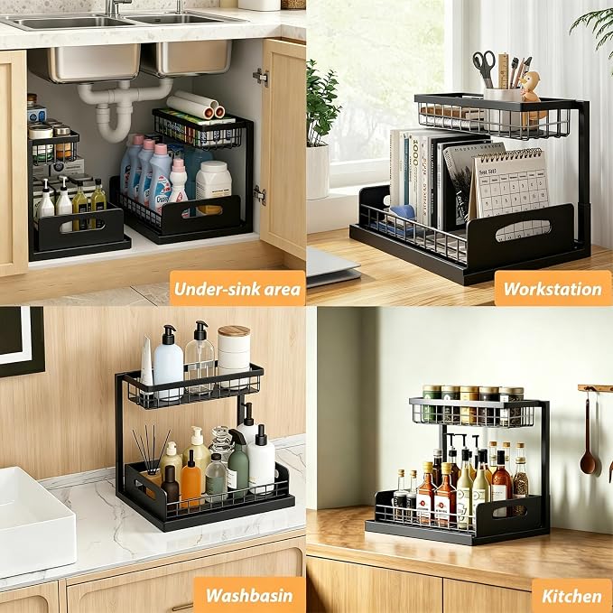 2 Pack Upgraded Under Sink Organizer, 2 Tier Pull out Kitchen Cabinet Organizer Metal Slide out Bathroom Organizers and Storage Makeup Drawer Organizer for Office Bedroom Restroom Living Room, L-Black - Image 3