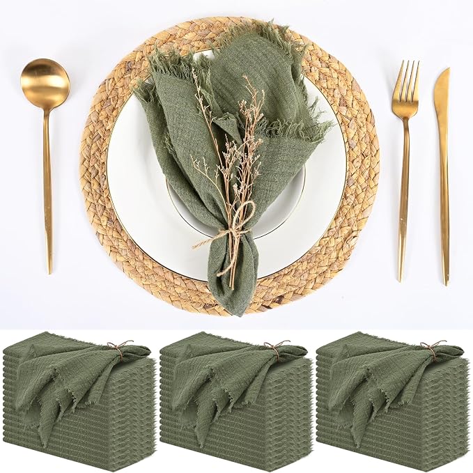 50 Pack Olive Green Cloth Napkins, 16 x 16 Inch Cotton with Fringe Settings | Handmade washable reusable cotton dinner napkins in bulk for weddings, parties, rustic boho table settings by FXKS