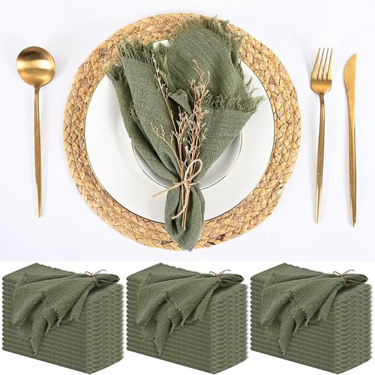 50 Pack Olive Green Cloth Napkins, 16 x 16 Inch Cotton with Fringe Settings | Handmade washable reusable cotton dinner napkins in bulk for weddings, parties, rustic boho table settings by FXKS