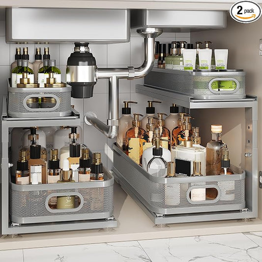 2 Pack 21IN-Depth Under Sink Organizer With Next-Gen Ball-Bearing Slides,2-Tier Precision Mesh Pull Out Cabinet Storage for Bathroom&Kitchen,Height Adjustable Drawers Shelf,Anti-rust-Grey by Corbyles